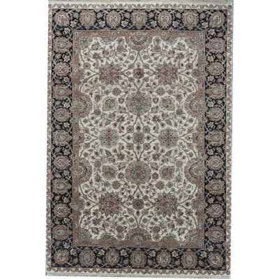 Tapis ivoire et noir noué à la main de haute qualité
