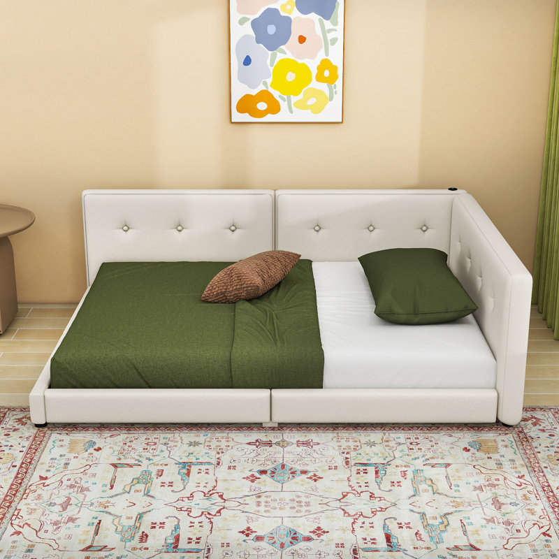 Lit de jour rembourré avec ports USB, Beige, Grand lit
