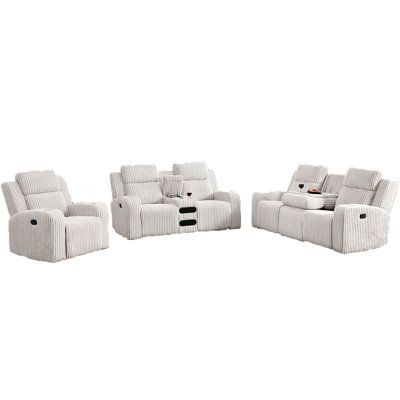 Ensemble de canapé inclinable 1 + 2 + 3 places, fausse fourrure manuelle inclinable, dossier central rabattable, haut-parleur de musique, port de chargement USB, téléphone sans fil, porte-gobelets, canapé inclinable pour salon gris