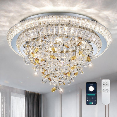24-Inch Dimmable LED Crystal Flush Mount Chandelier with Remote and App