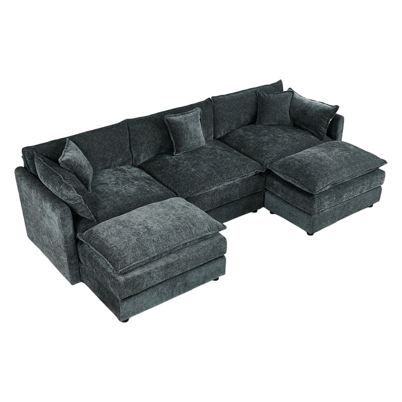 Modern Chenille Loveseat Sofa Couch With Ottoman, Gray Chenille, 33.85" H x 112.2" W x 35.82" D