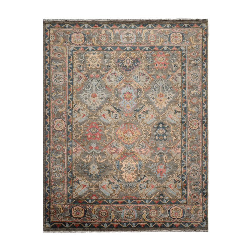 Tapis turc Oushak en laine noué à la main gris clair Mossy, Rectangle 12 pi x 15 pi