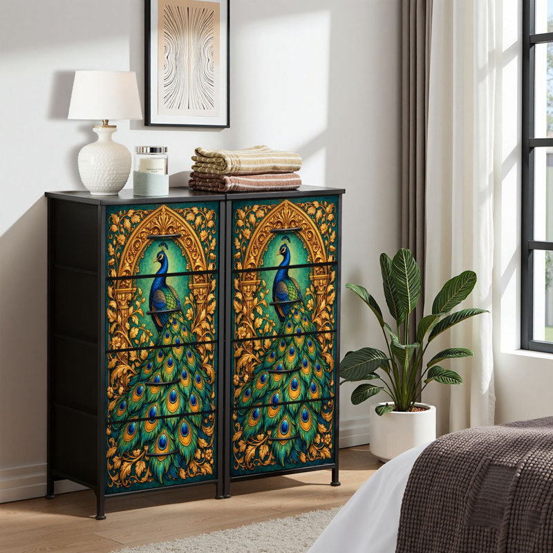 Commode 4 tiroirs pour chambre à coucher, commode étroite, plateau en bois et structure de bureau en fer 18 po x 37,5 po - (l x H) - avec imprimé floral doré majestueux