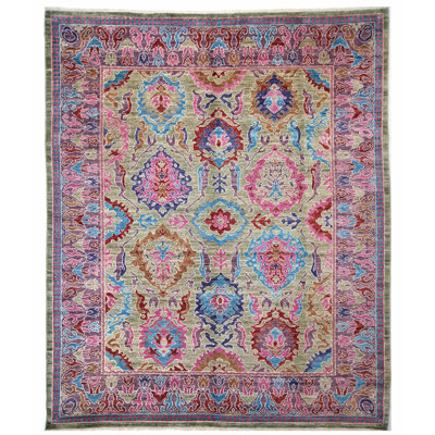 Tapis vert et mauve noué à la main de haute qualité
