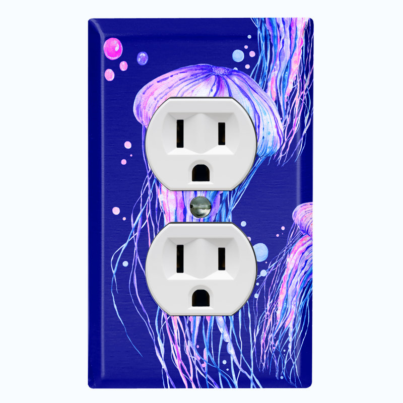 Jelly Fish Pink Party Dark Blue Nautical & Beach 1 - Gang Duplex Outlet Standard Wall Plate