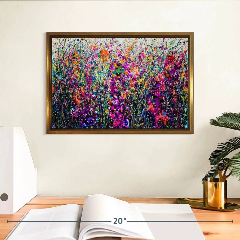 Hollyhocks Inspired By Pollock, Floating Frame Gold, 13" X 9"