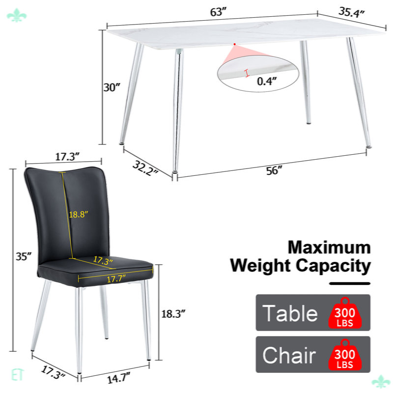 Dining Table Set For Rectangular Table With 4 PU Chairs, 5 Piece Dining Set