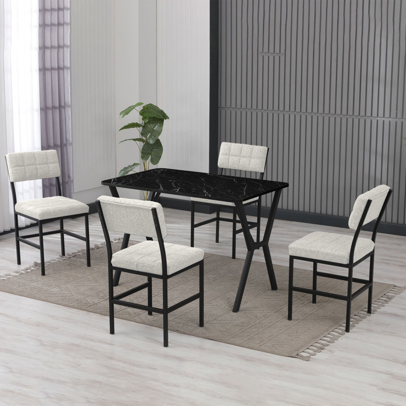 Ensemble de table et chaises de salle à manger extensible Modern (5 pièces), crème et noir | Dimensions: 43,3 po x 29,1 po x 29,1 po | Chaises 100% structure en métal avec tissu 100% lin, design élégant et durable