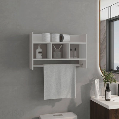 Tablette murale avec barre à serviettes, rangement compact avec une tablette supérieure large, trois tablettes centrales Comapct et porte-serviettes pour organisateur de salle de bain, blanc