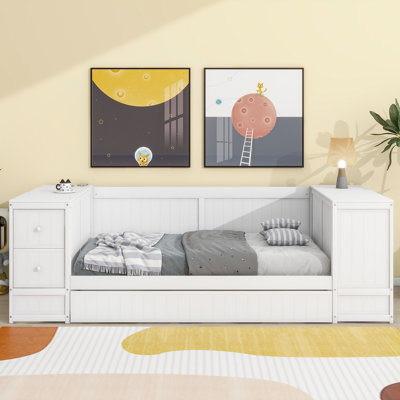 Lit de jour simple avec lit gigogne, accoudoirs de rangement et station de charge intégrée - Lit mezzanine avec bureau et bibliothèque, blanc