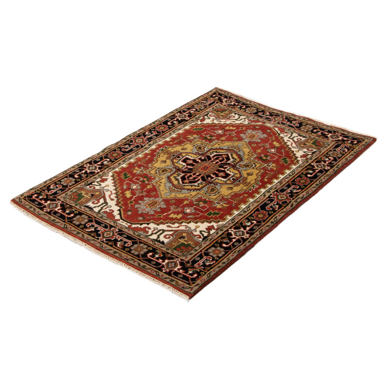 Tapis rouge en laine noué à la main de conception unique 4 pi x 6 pi New Age Mobean