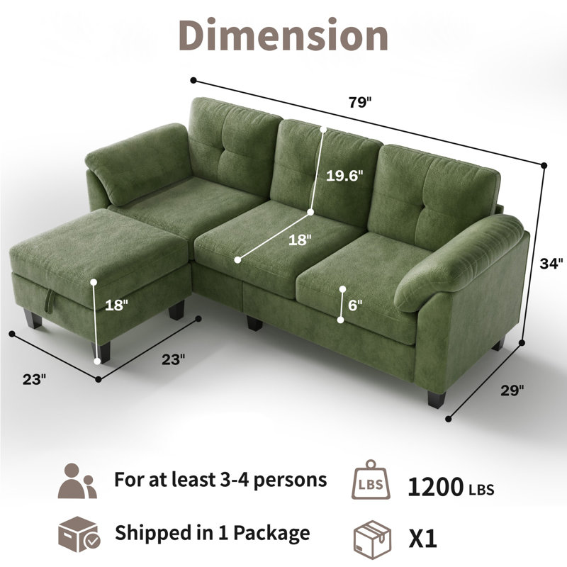 Canapé modulaire de 76,4 po à 3 sièges avec coussins d'accoudoirs, méridienne convertible et canapé rembourré doux pour le salon