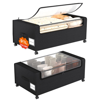 Contenants de rangement sous le lit 91L avec roulettes, couvercle transparent, paquet de 2, noir