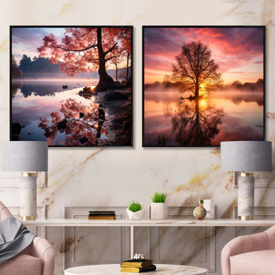 Arbre majestueux au coucher du soleil, lac, lac et rivières, ensemble de 2 carrés