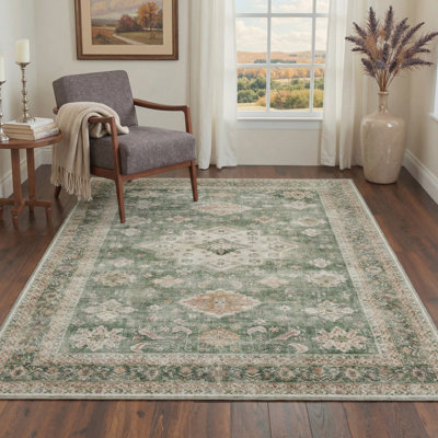 Elysian Persian Vintage Medallion Machine Washable Beige / Green Indoor Area Rug with Non-Slip Backing