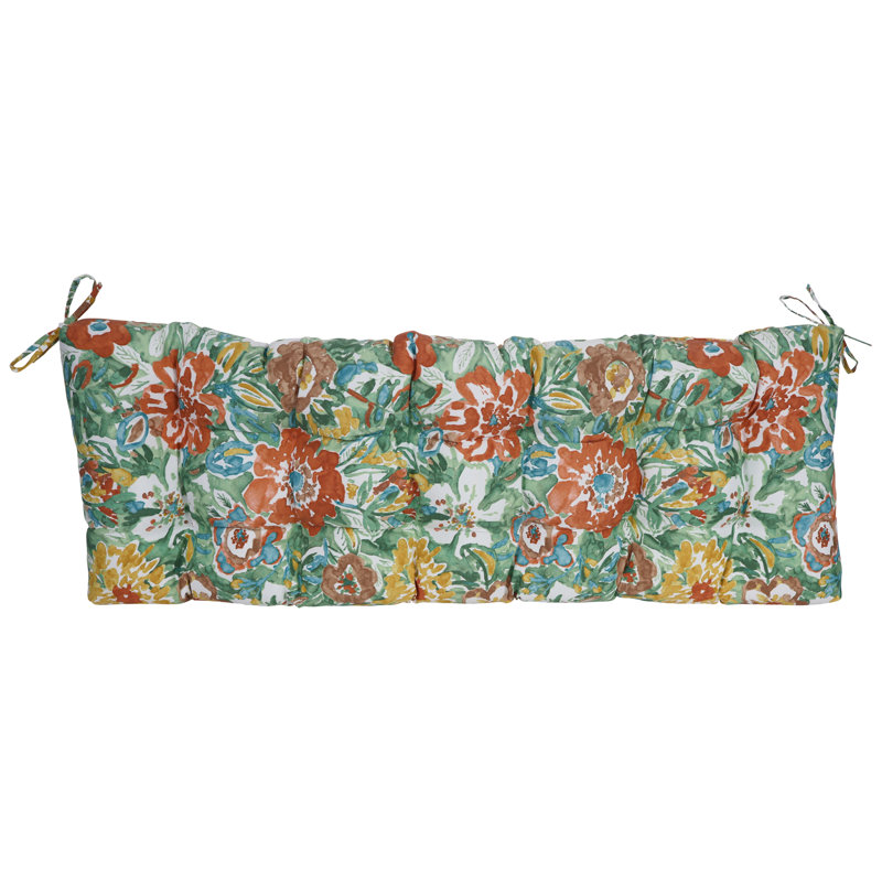 Tufted Outdoor Bench Cushion, 55" W x 19" D, White/Sun River Mist Floral