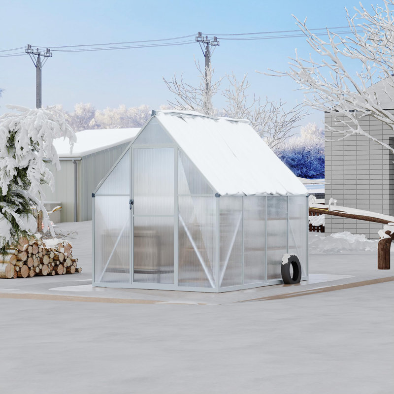 6x7 FT Heavy Duty Aluminum Polycarbonate Greenhouse – Large Walk-In Structure, Quick Setup, Roof Vent, Lockable Door & Rain Gutter, Ideal for Patio, Backyard, Garden (Silver)