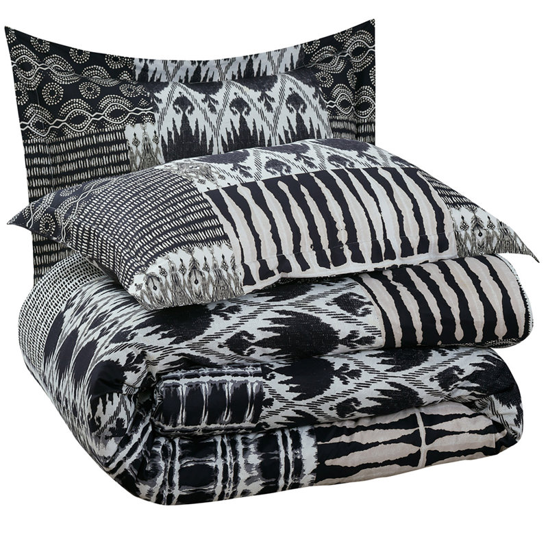 Capetown Black/Cream Microfiber Reversible 3 Piece Comforter Set, King Comforter + 2 King Shams