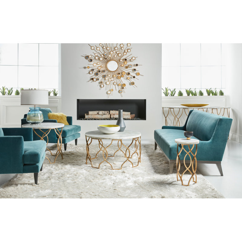 Transitional 24'' White & Gold Round Stone Metal Lamp Table