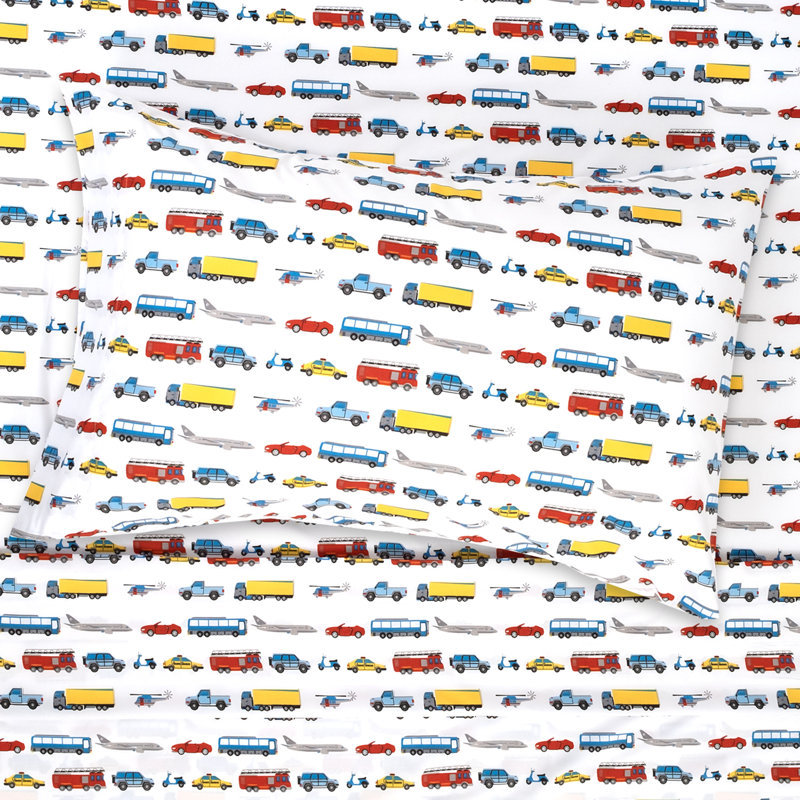 Blue Transportation Print Microfiber Twin Kids Sheet Set