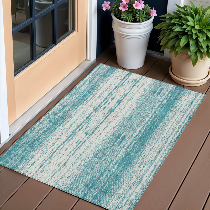 Tapis extérieur lavable rayé bleu sarcelle et ivoire 3 pi x 5 pi, Rectangle 3' x 5'