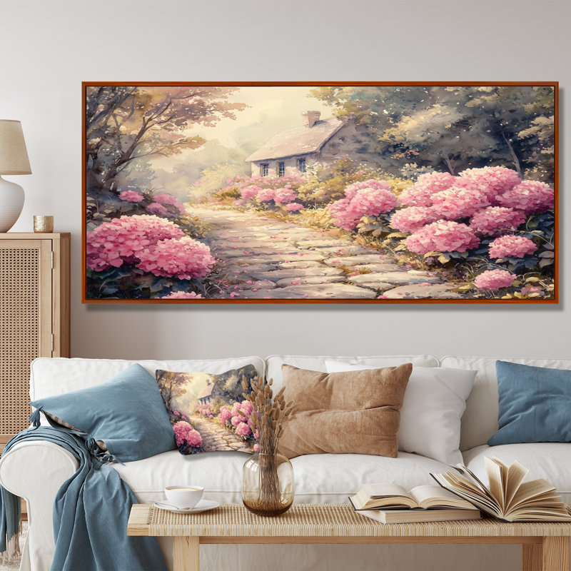 Hortensias par le chemin de pierre IV - hydrangées, art mural, Brun, H 28 po x l 60 po, Impression encadrée flottante