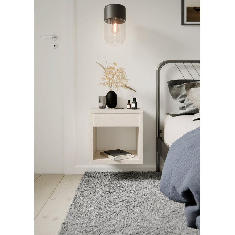 Daviaun - Small Scandinavian Floating Nightstand | Real Wood Nightstand with Drawer, Bedside Cabinet, White
