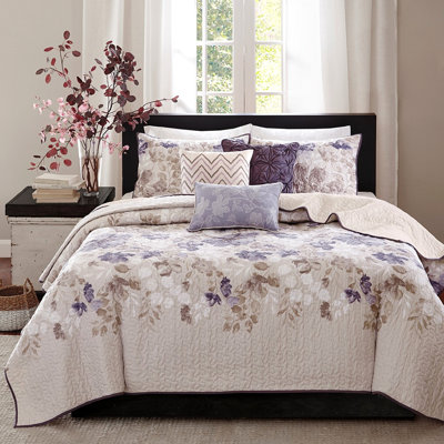 6 pièces de courtepointe imprimée, taupe, double / grand, motif floral aquarelle, réversible en microfibre, luxueuse et douce décoration de coussins pour lit double / grand, literie confortable et élégante