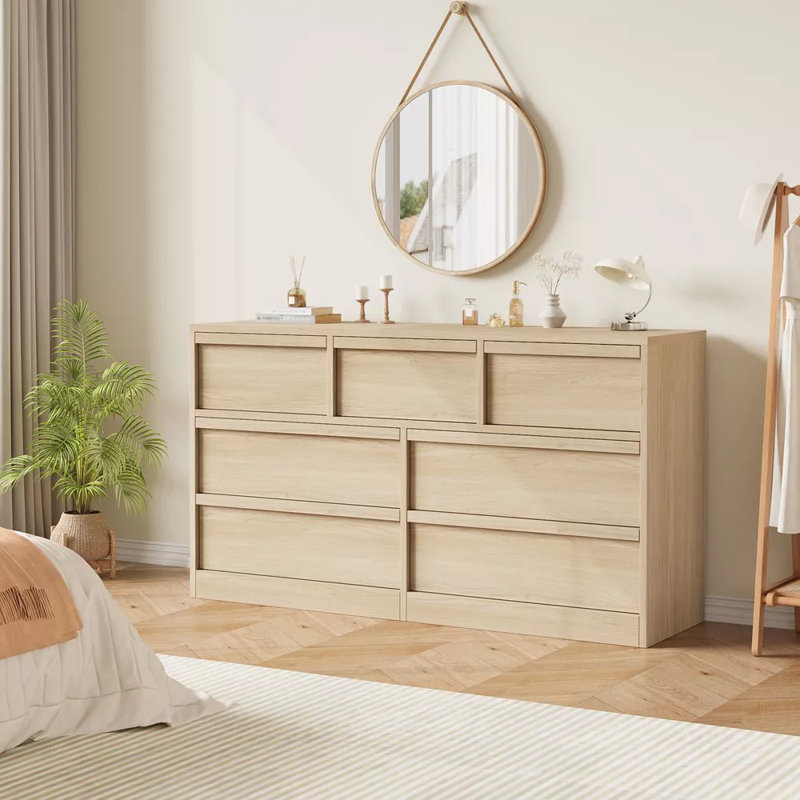 54" W 7-Drawer Dresser for Bedroom, Modern Double Dresser Organizer with Storage, Wooden Chest Of Drawers for Bedroom, Beige