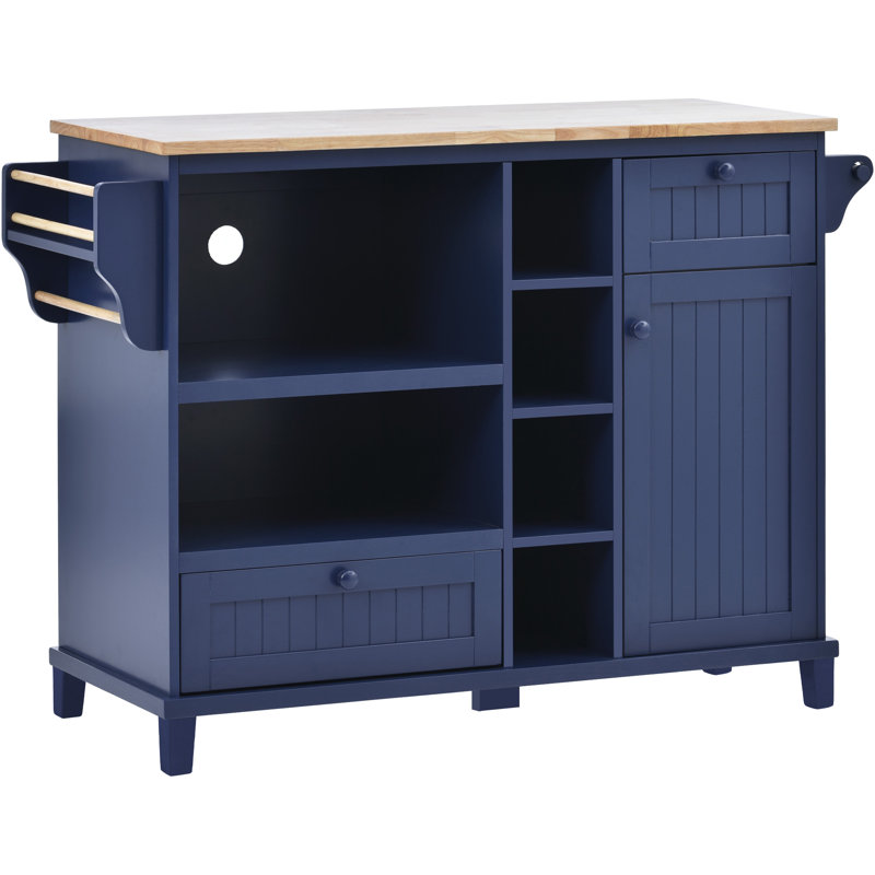 Plateau en bois massif à roulettes Litten, Bleu marine