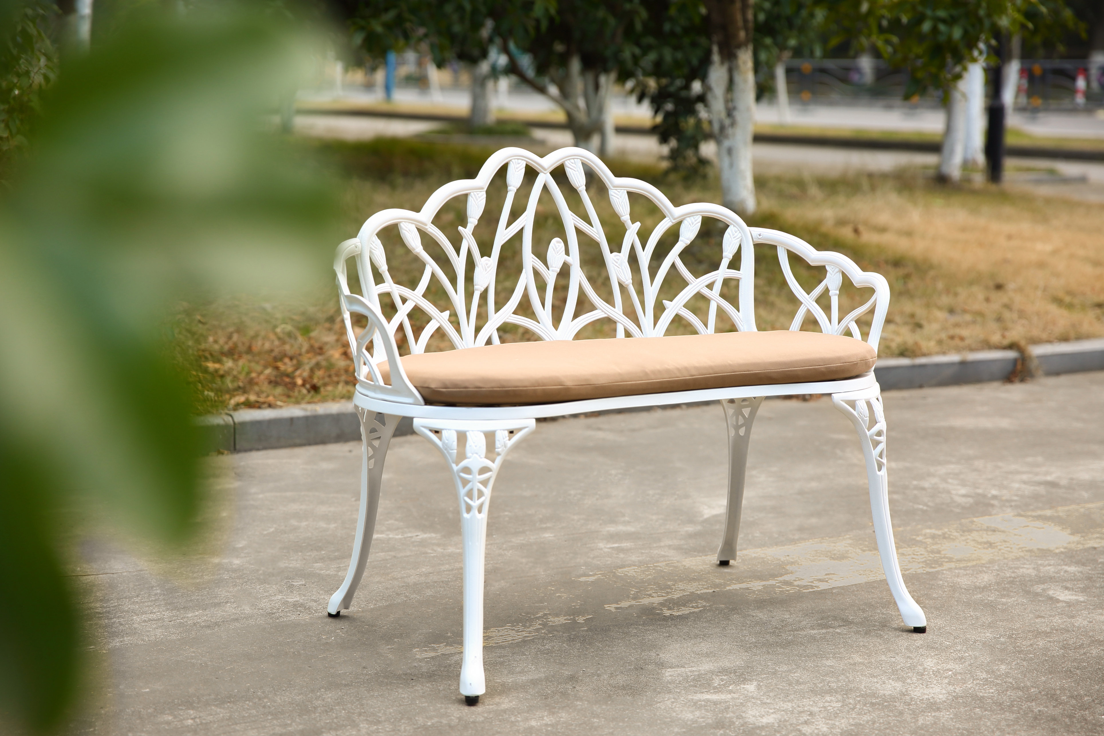World Menagerie Outdoor Patio Bench with Cushion, All-Weather Cast