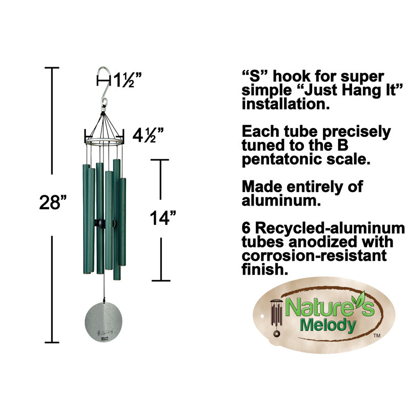 Carillons extérieurs 6 tubes Nature's Melody, H 28 po x l 4,5 po x P 4,5 po, Vert forêt