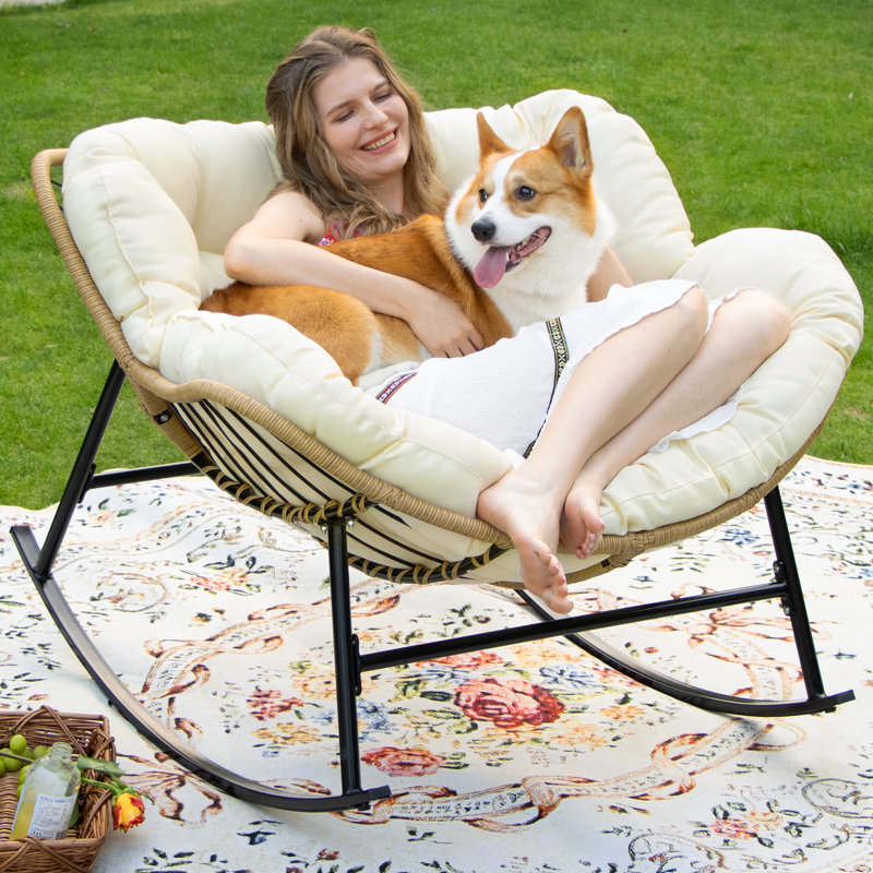Oversized Outdoor Rocking Papasan Chair with Cushion, Beige