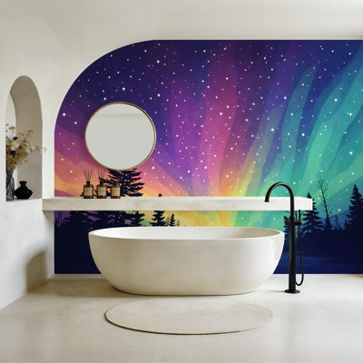 Peel and Stick Wallpaper Multicolored northern lights Aurora Canadian forest Wall Murals 100"H x 144"W Removable PVC Wall Paper Self-Adhesive Wall Decor for Bedroom Living Room Home Office