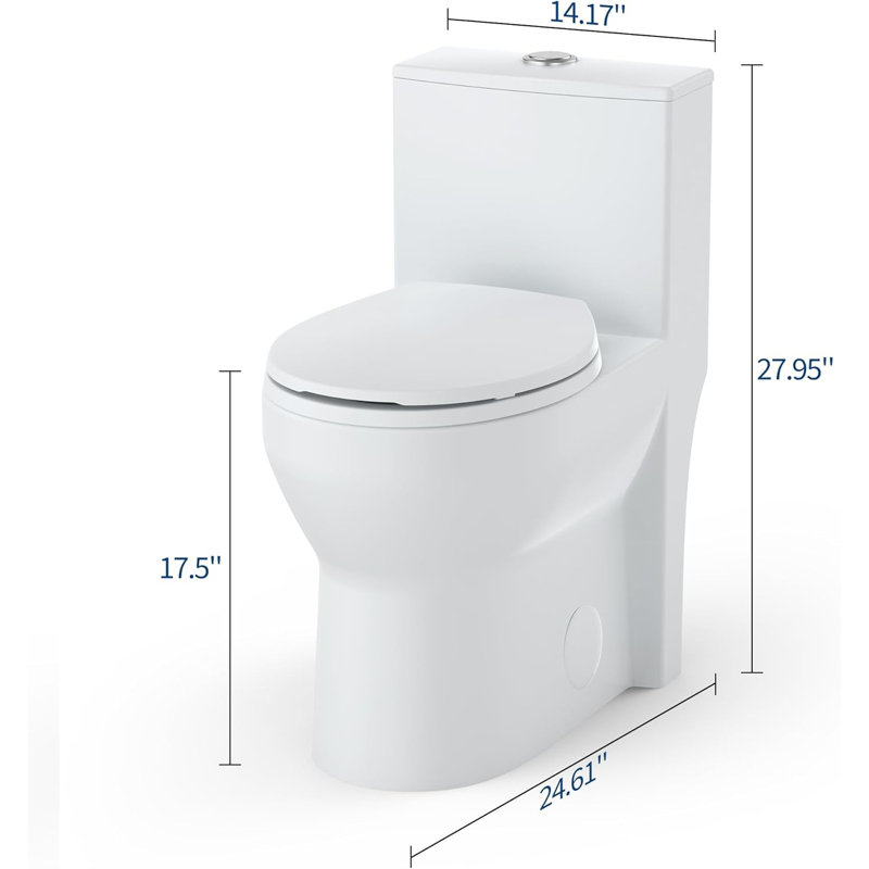 Compact One Piece Toilet for Bathroom, Modern Standard Toilet with Dual Flush 0.8/1.28 GPF, 17.5" ADA Height, Side Hole, Soft Close Seat, 12" Rough-In, White