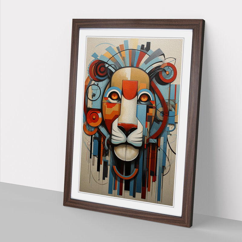 Lion Constructivism No.4 - Single Picture Frame Print on Wood, 64cm H x 46cm W x 2cm D, Walnut