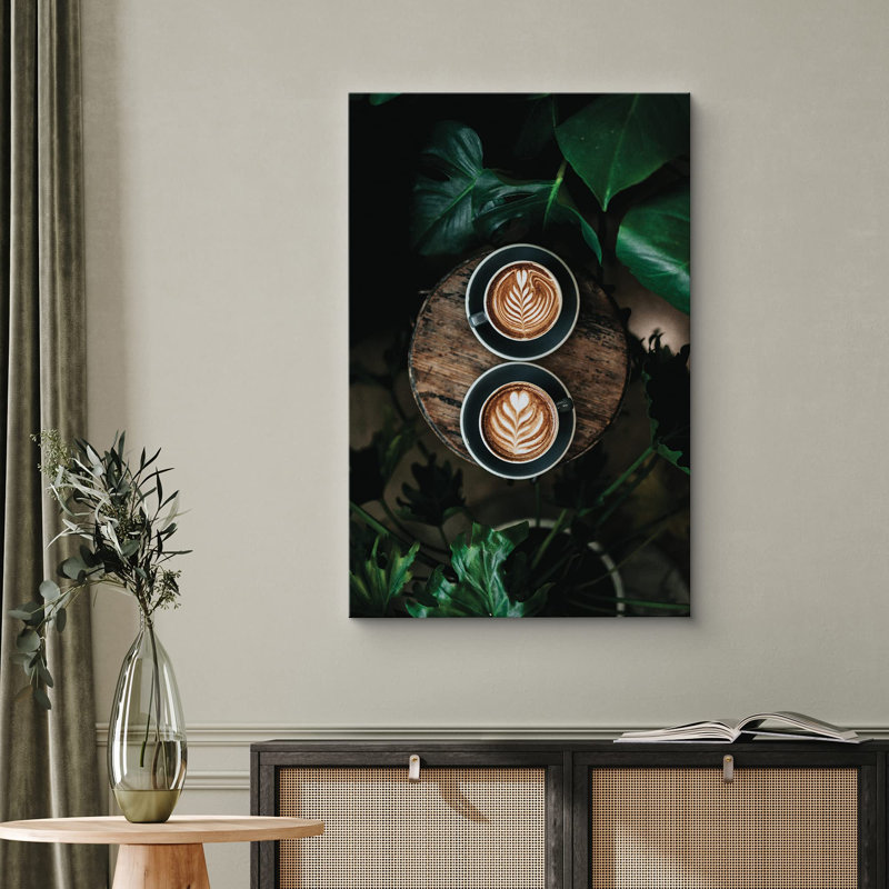 Café au lait avec plante, dessin au trait, fruits, photographie, chic, ultra, H 48 po x l 32 po