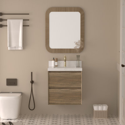 Meuble-lavabo mural en chêne antique avec plateau en marbre d'ingénierie