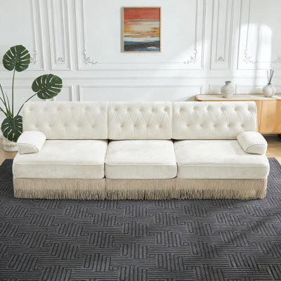 106.1" Beige Velvet 3-Seater Sofa, Pet-Friendly, Tassel Fringe & Tufted Design