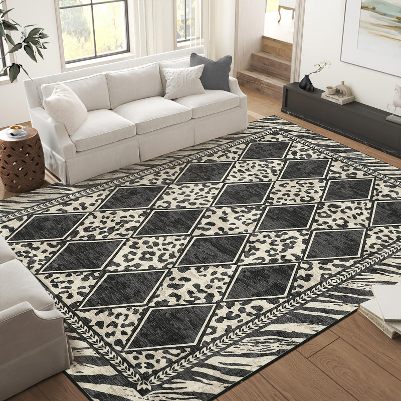 Animal Print Machine Washable Rugs for Living Room Bedroom Non Slip Soft Low Pile Checkered Indoor Carpet for Dining Room