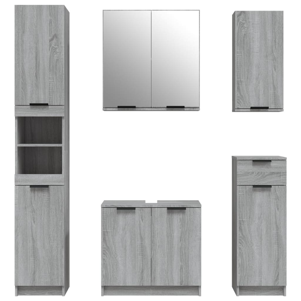 Vidaxl 5 Piece Bathroom Cabinet Set Grey Engineered Wood - Image 3