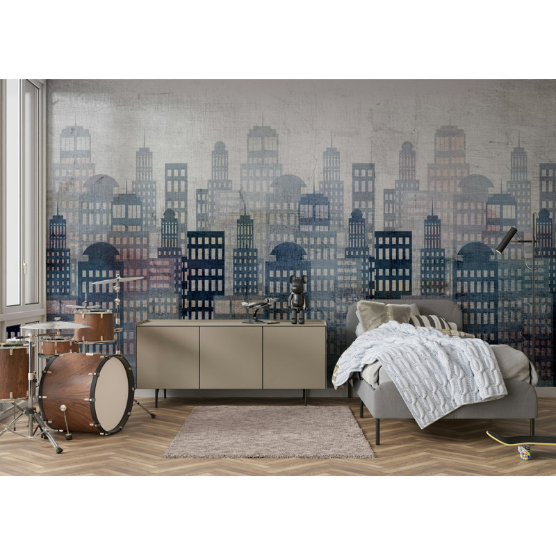 Papier peint bleu gris Misty City Skyline, L 114,96 po x l 225 po