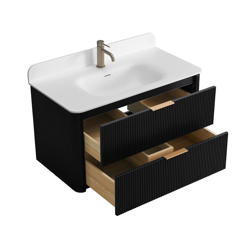 Meuble-lavabo cannelé avec lavabo intégré et quincaillerie dorée, 36" W