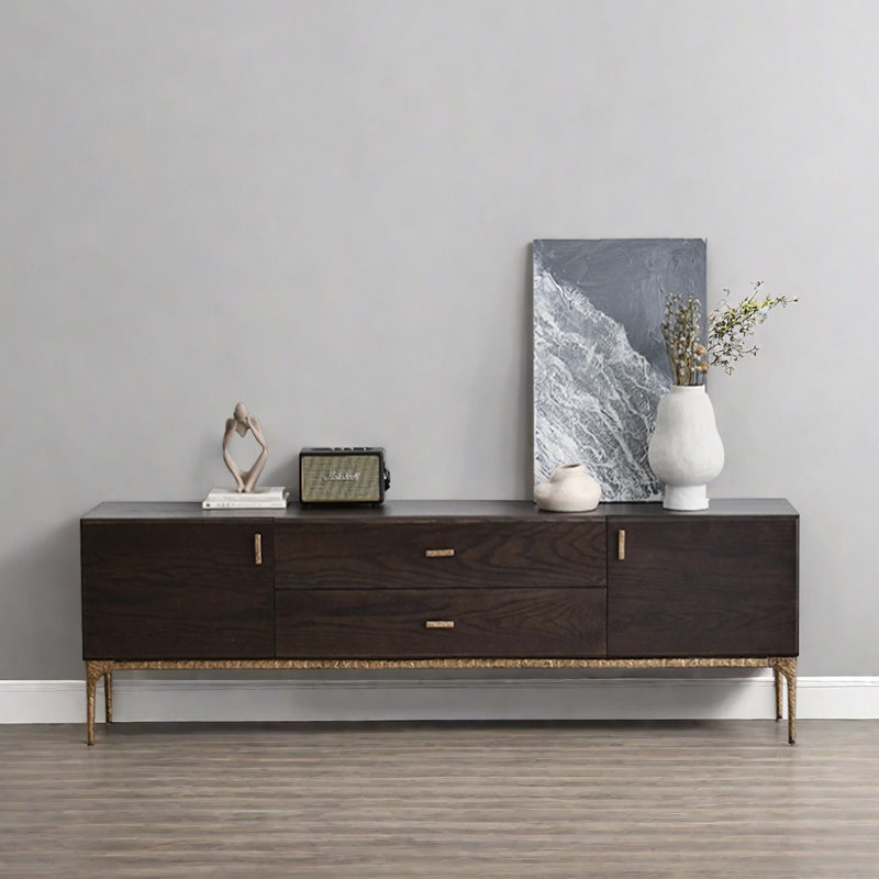 Meuble télé minimaliste de conception rétro, H 23,62 po x L 78,74 po x l 15,74 po, Or / bois brun foncé