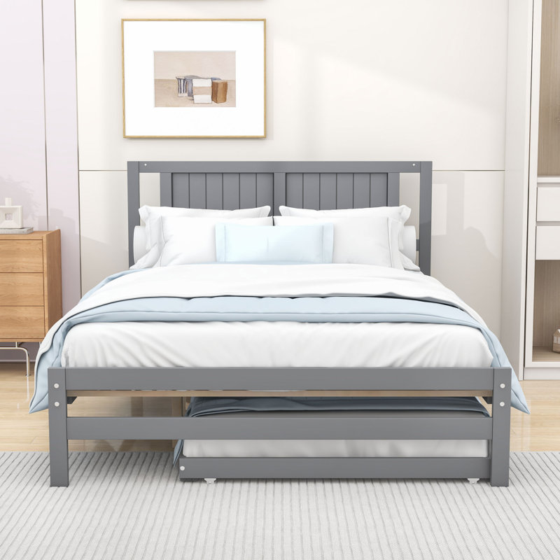 Lit plateforme double avec lit gigogne simple réglable et tête de lit, Gris