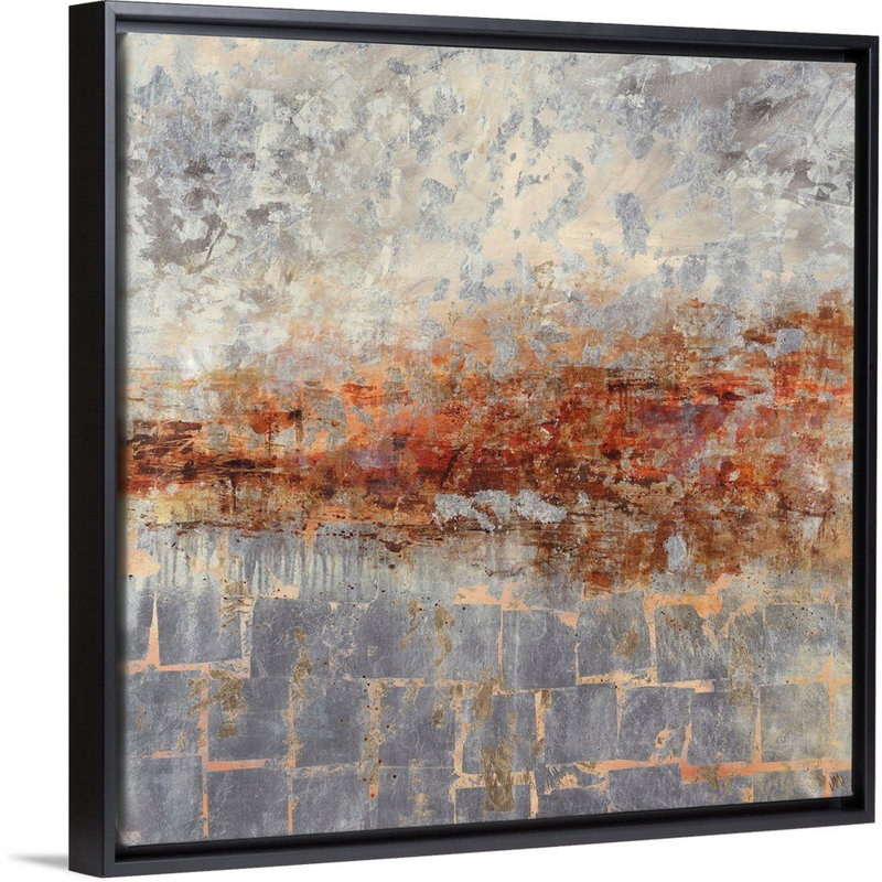 « fire lake ii », peinture sur toile, H 25,7 po x l 25,7 po x P 1,75 po, Cadre flottant noir