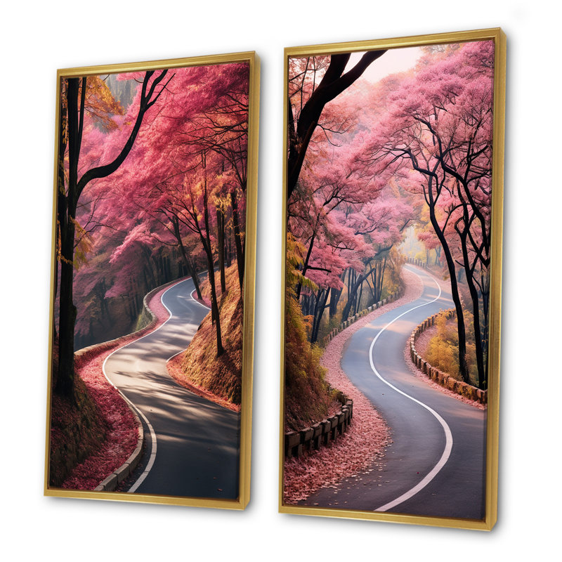 «Pink Blooming Road Into The Forest I», ensemble de 2 impressions sur toile routières, Cadre flottant doré, H 28 po x l 25 po