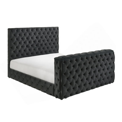 Lit de 1 très grand lit luxueux très capitonné avec garniture de tête de lit et pied de lit en velours noir avec mécanisme de levage intégré