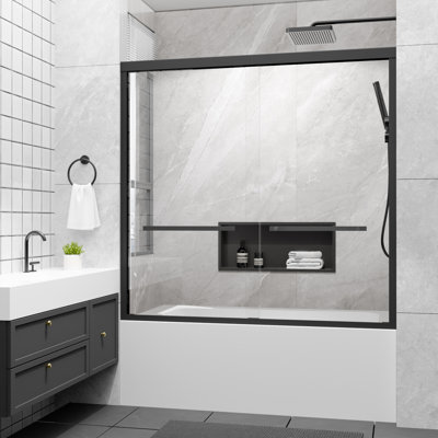 56-60 In. W X 58 In. H Sliding Framed Tub Door In Matte Black With Tempered Clear Glass