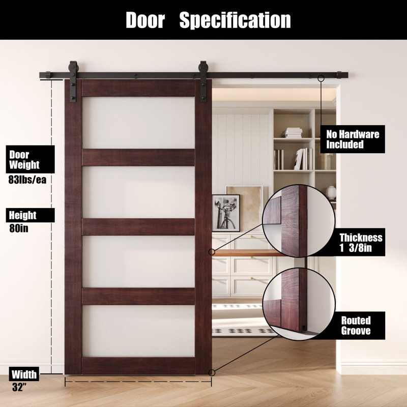Porte de grange non assemblée et en verre à 4 verres de 32 po x 80 po Homacer Red Homacer, usage intérieur seulement